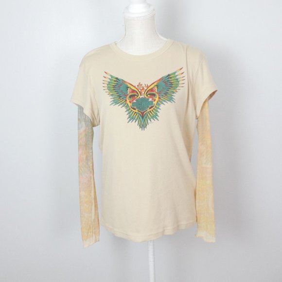 Vintage Y2K Harley Davidson Tan Cream Tee with Tattoo Sleeve Mesh Large - Picture 1 of 13